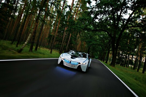 BMW-Auto weiß auf der Strecke im Wald