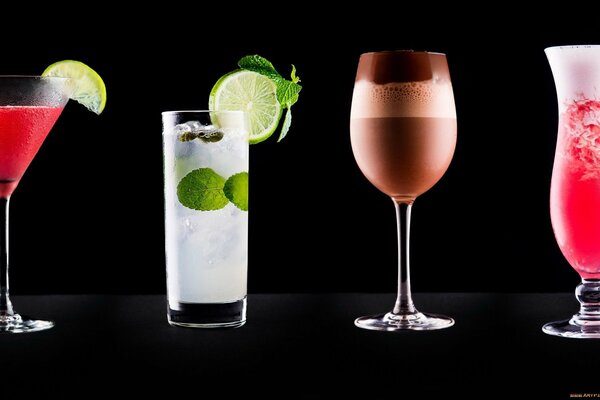 4 cocktails on a black background