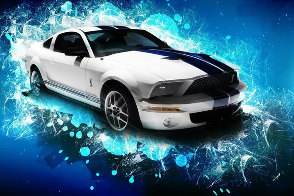 Art image of a Ford mustang car, blue background