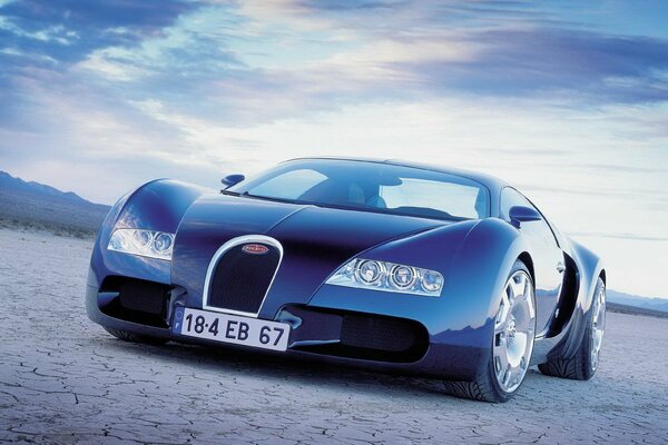Blue Bugatti car in the desert