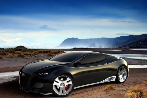 Audi on the riverbank in the desert