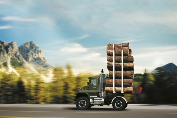 Micro camion con tronchi. Foresta e montagne