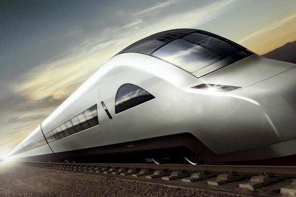 A high-speed train travels by rail