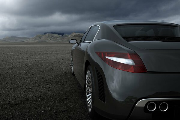 Gray car in the desert against the background of thunderclouds