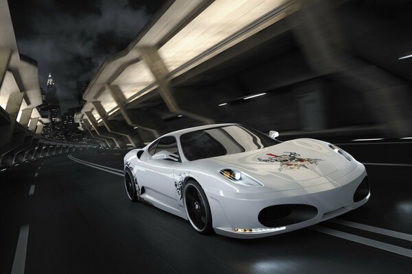 White Ferrari calavera rides in a tunnel