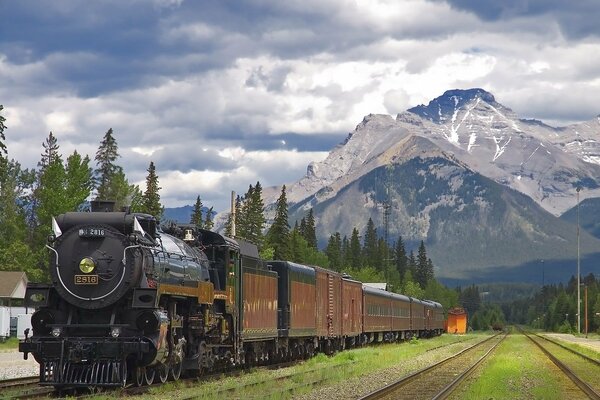 The locomotive at the station is high mountains