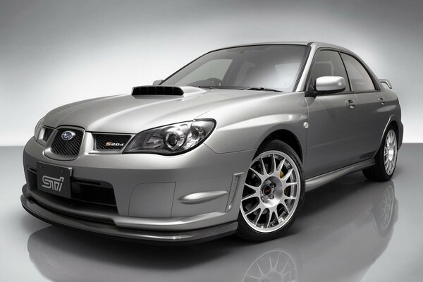 Grey Subaru Impreza at the exhibition