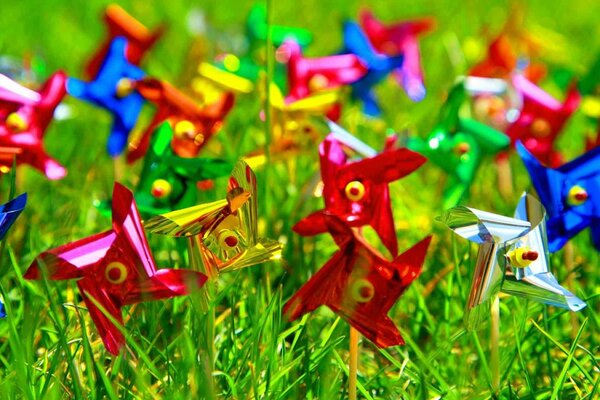 Zabawki wiatrówki stoją na trawie