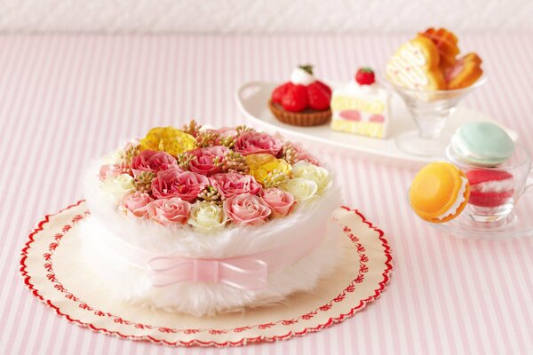 Flower cake on a beautiful tablecloth