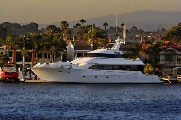 Luxury yacht at the pier among palm trees