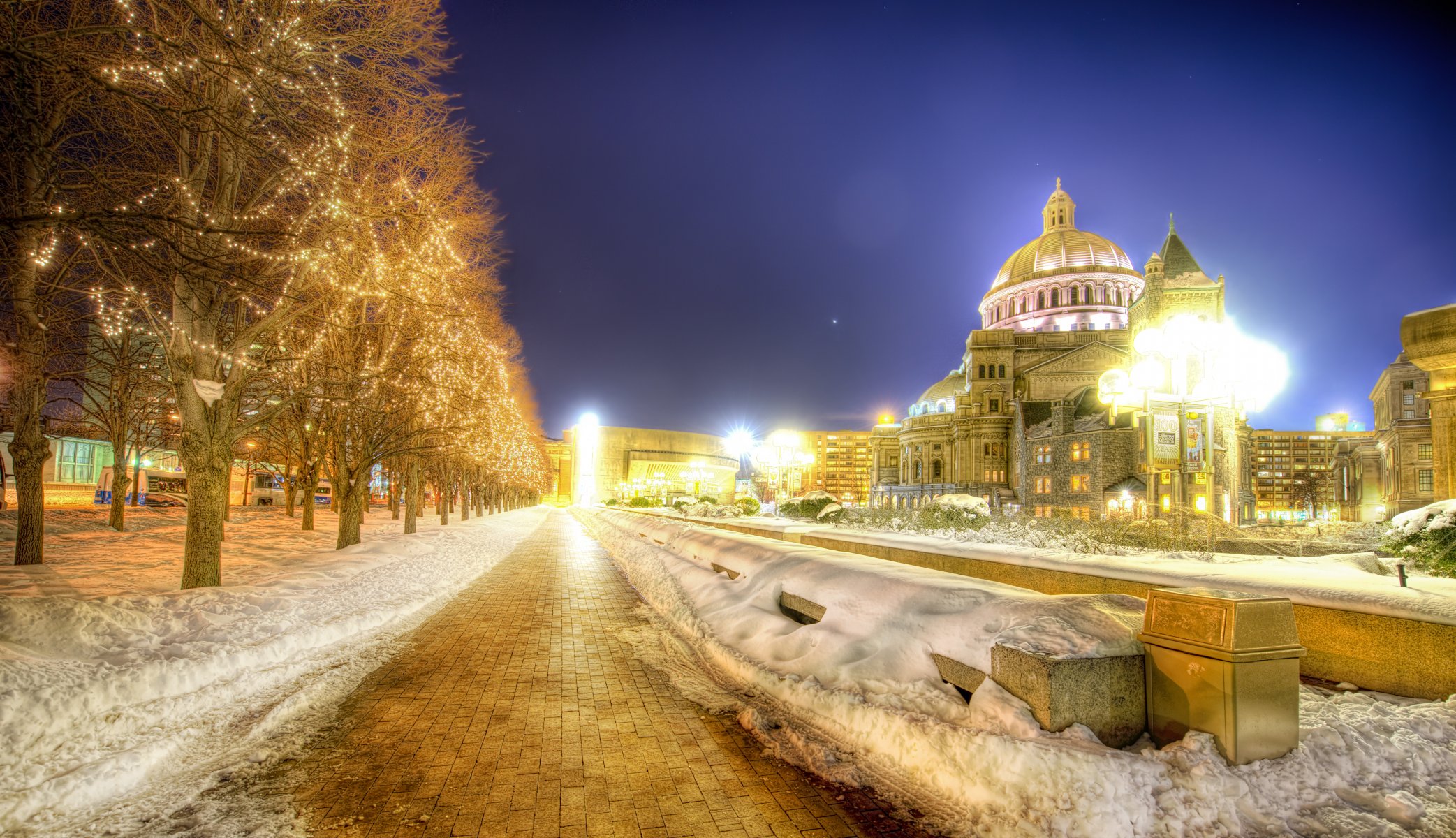 nuit boston neige arbres lumières