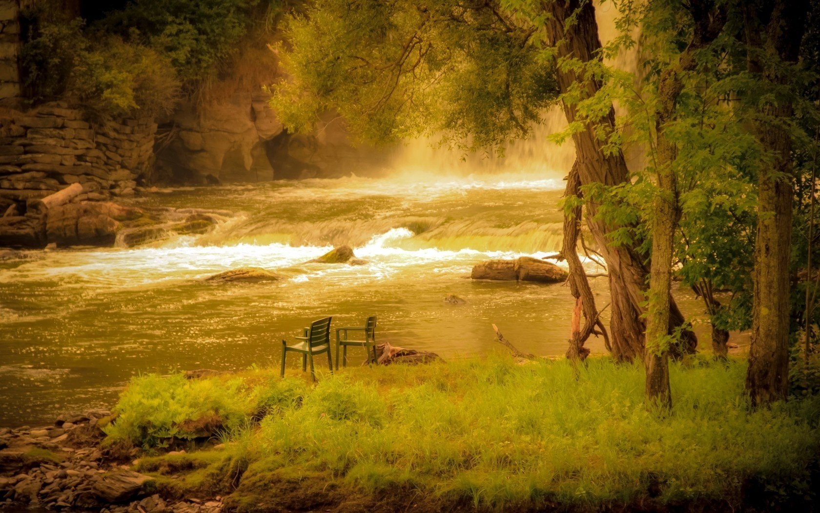 wald fluss stühle natur