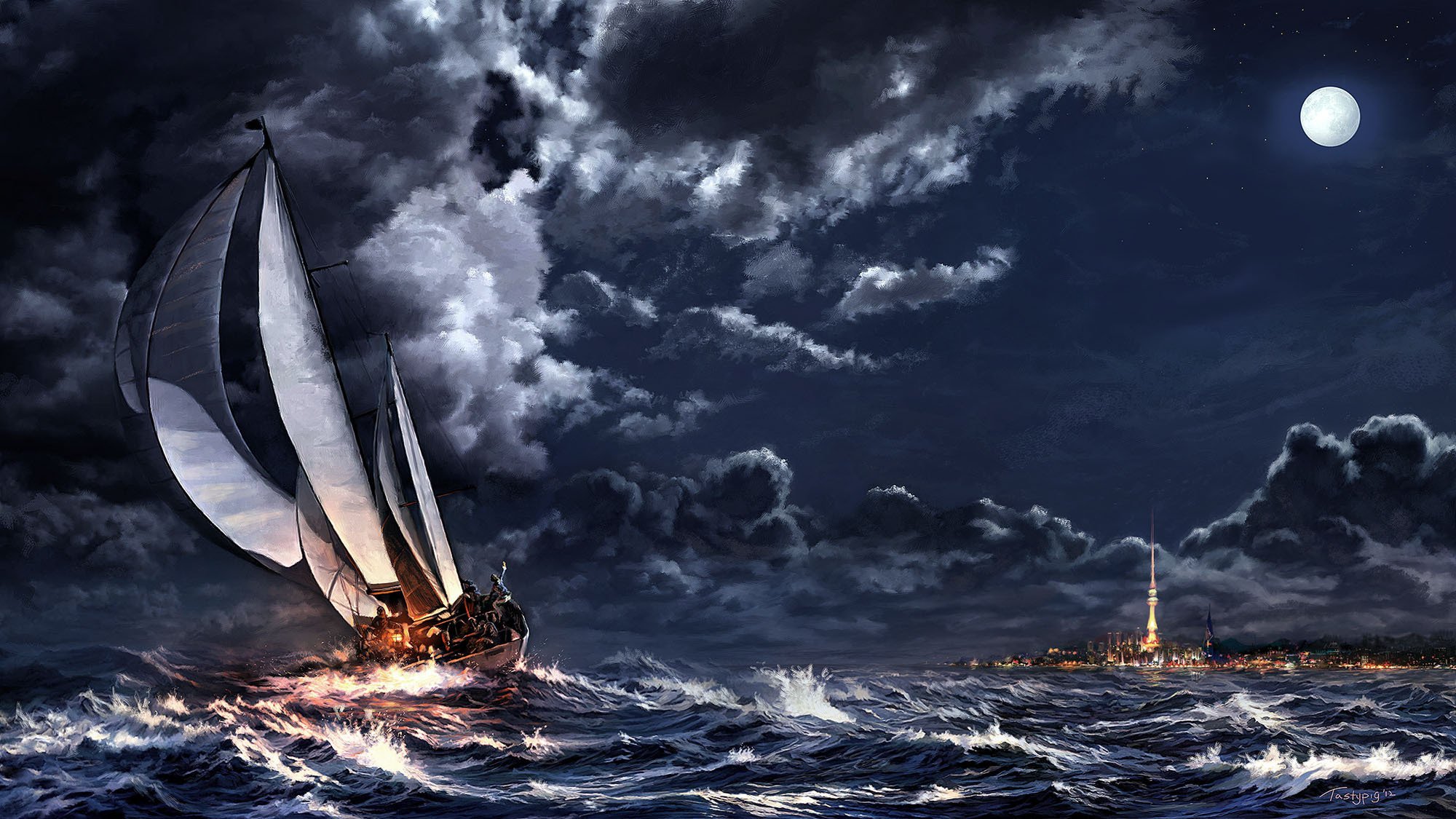 art ship sea storm sailboat