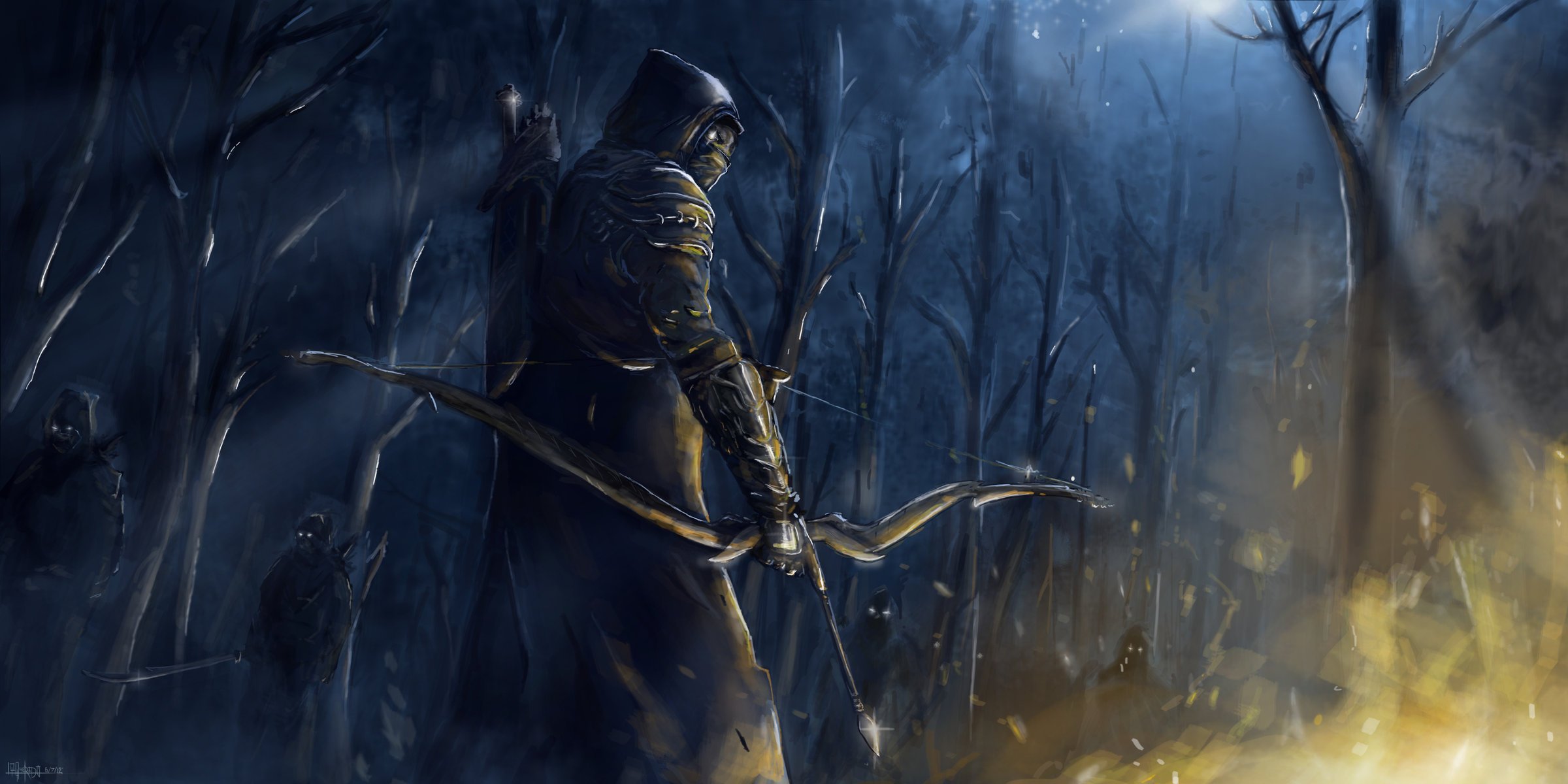 kunst feuer wald the elder scrolls online nacht menschen waffen bogen