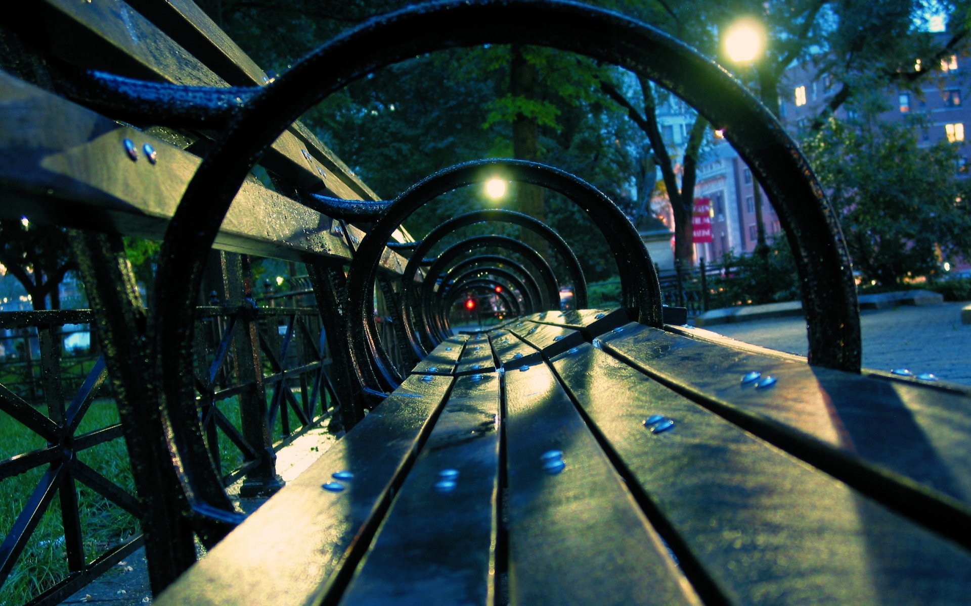 nuit rue lumières banc après pluie