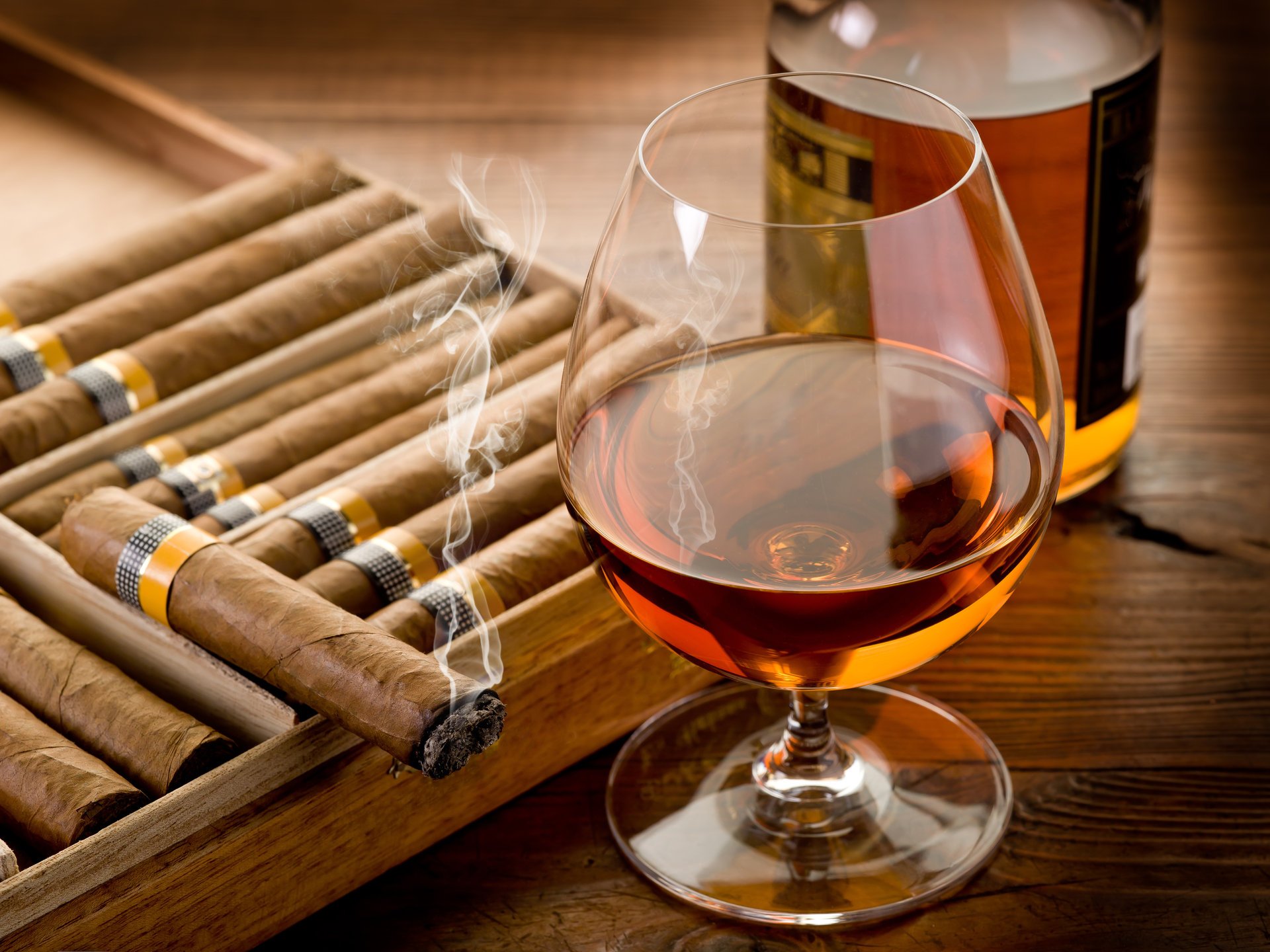 table glass bottle cigar cognac smoke