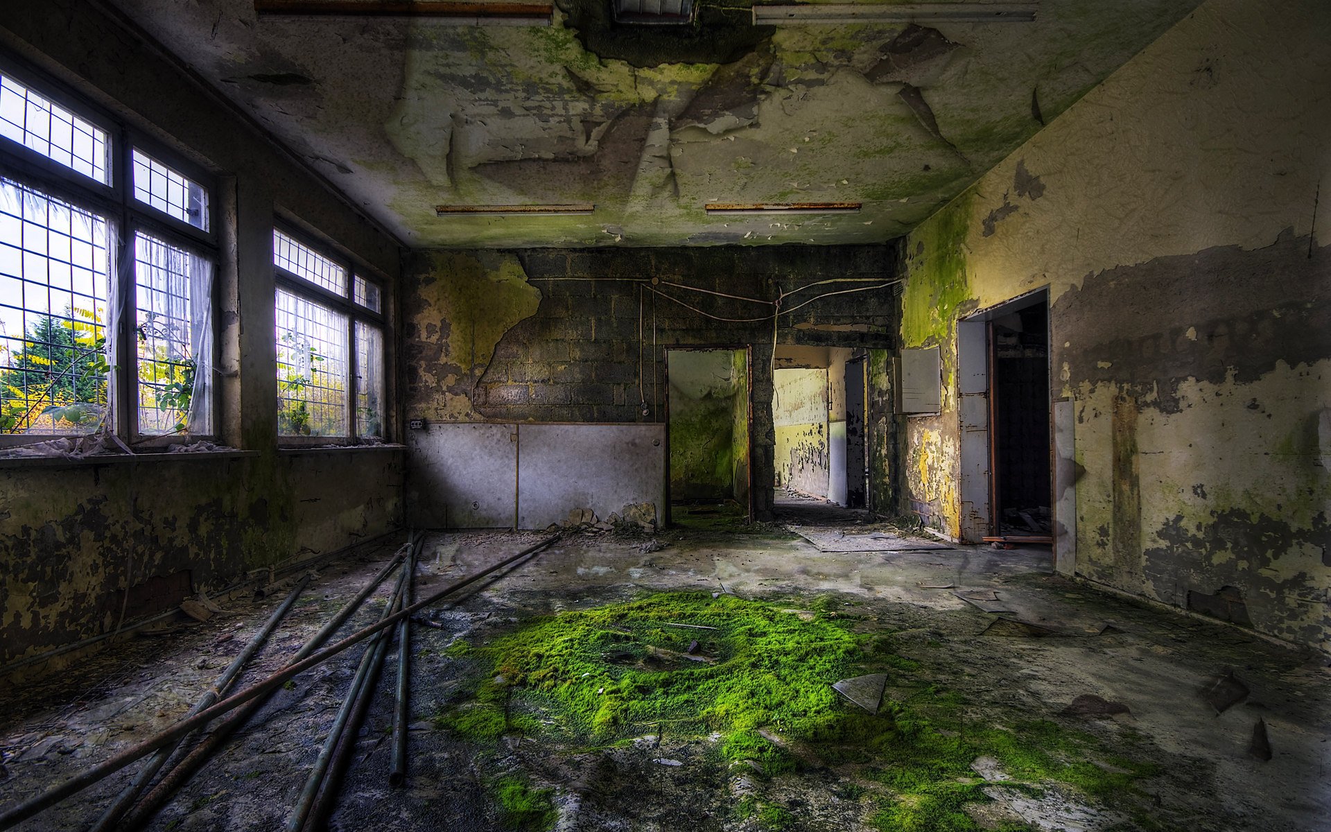 edificio abandonado musgo tuberías