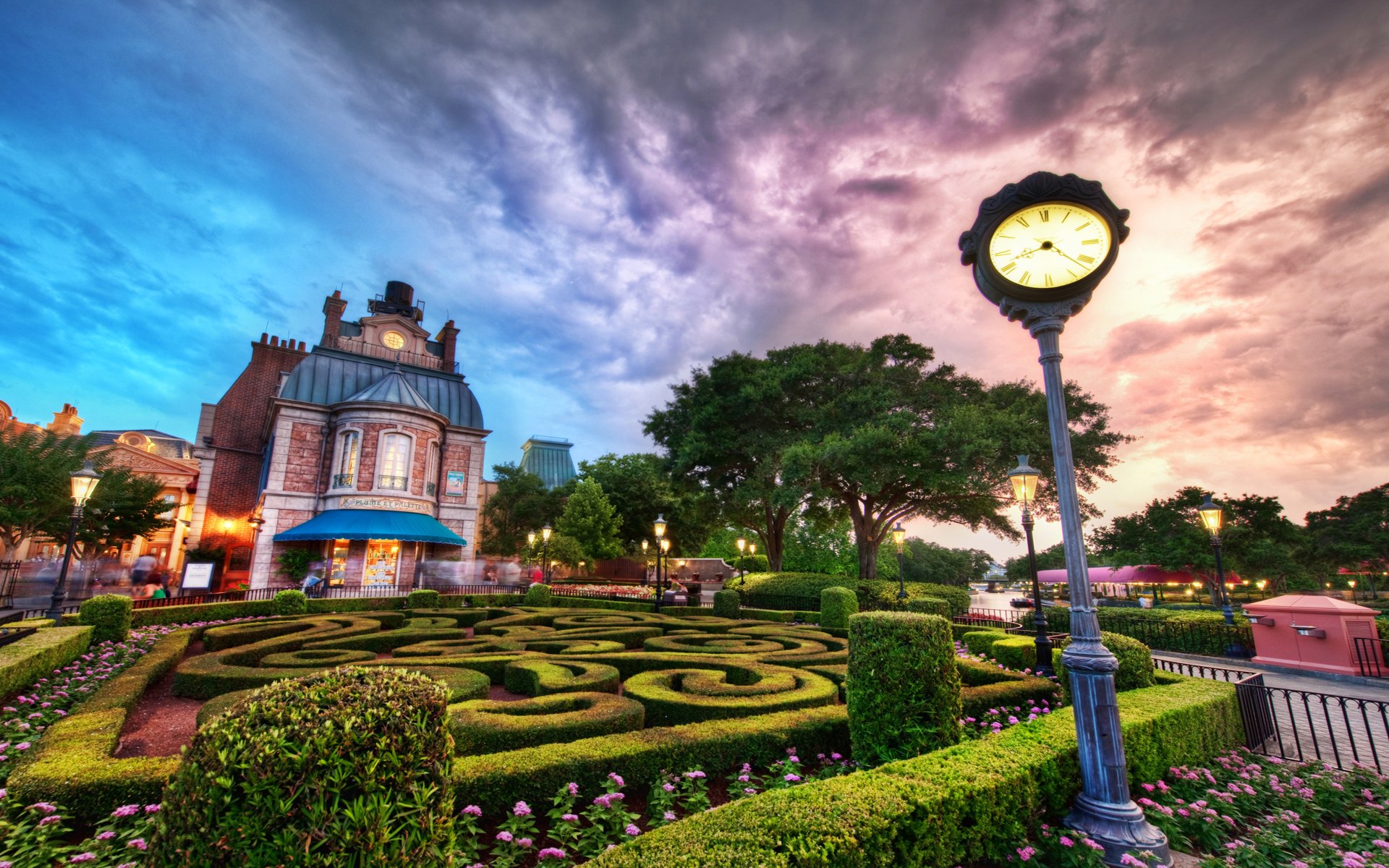 disney world coucher de soleil nuages bâtiment lanternes