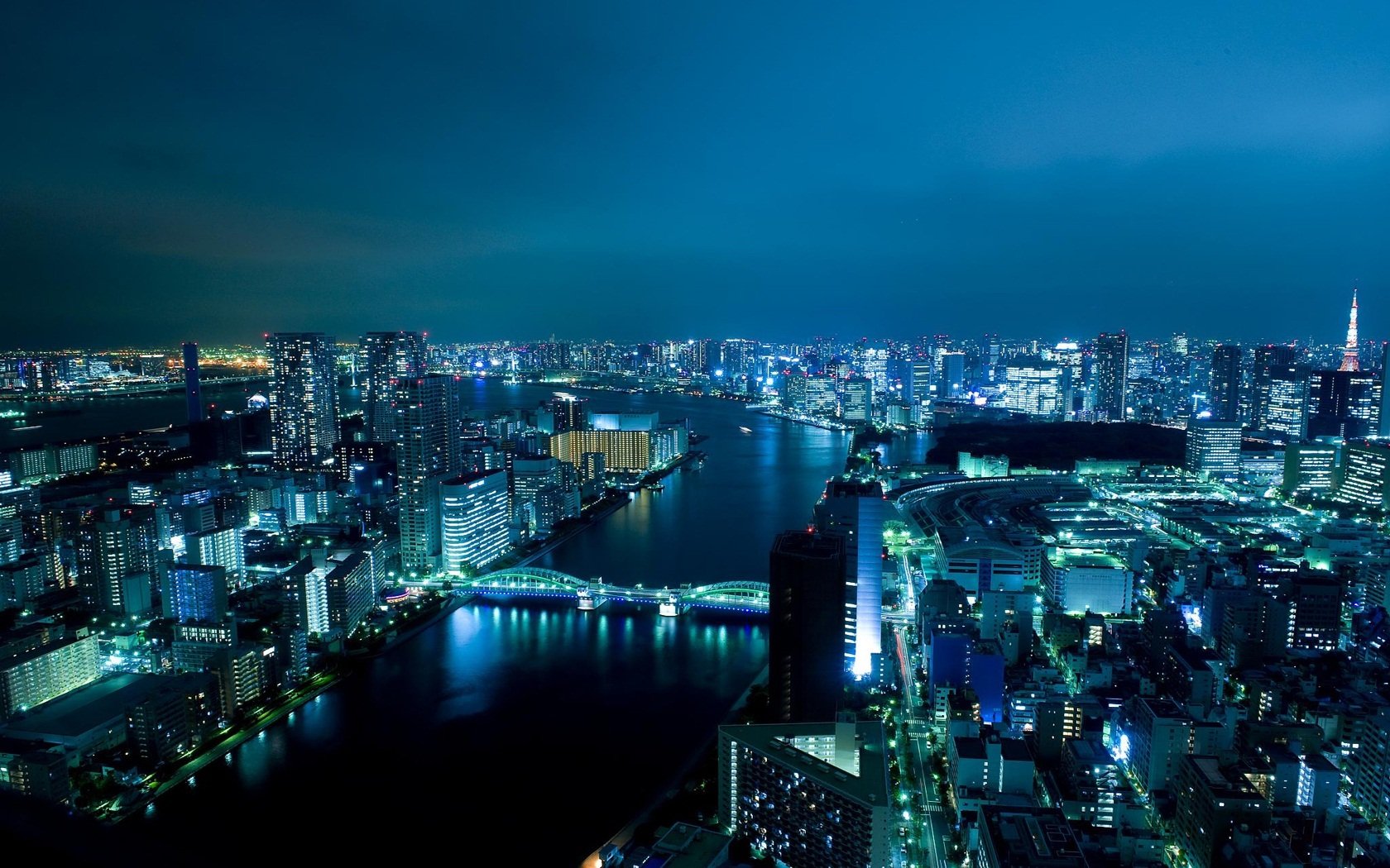 japan buildings river bridge night light