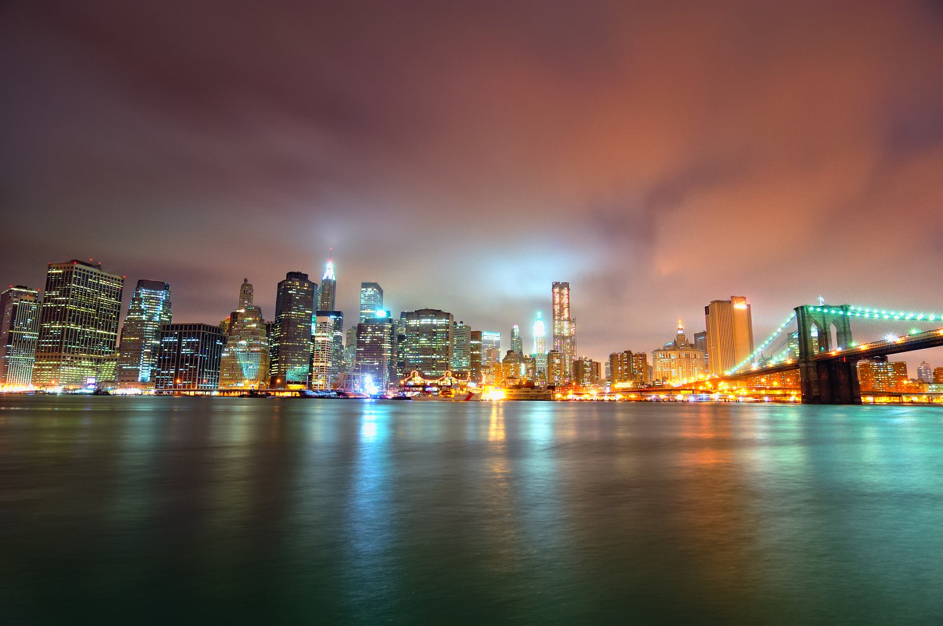 manhattan night brooklyn bridge park new york skyscrapers light