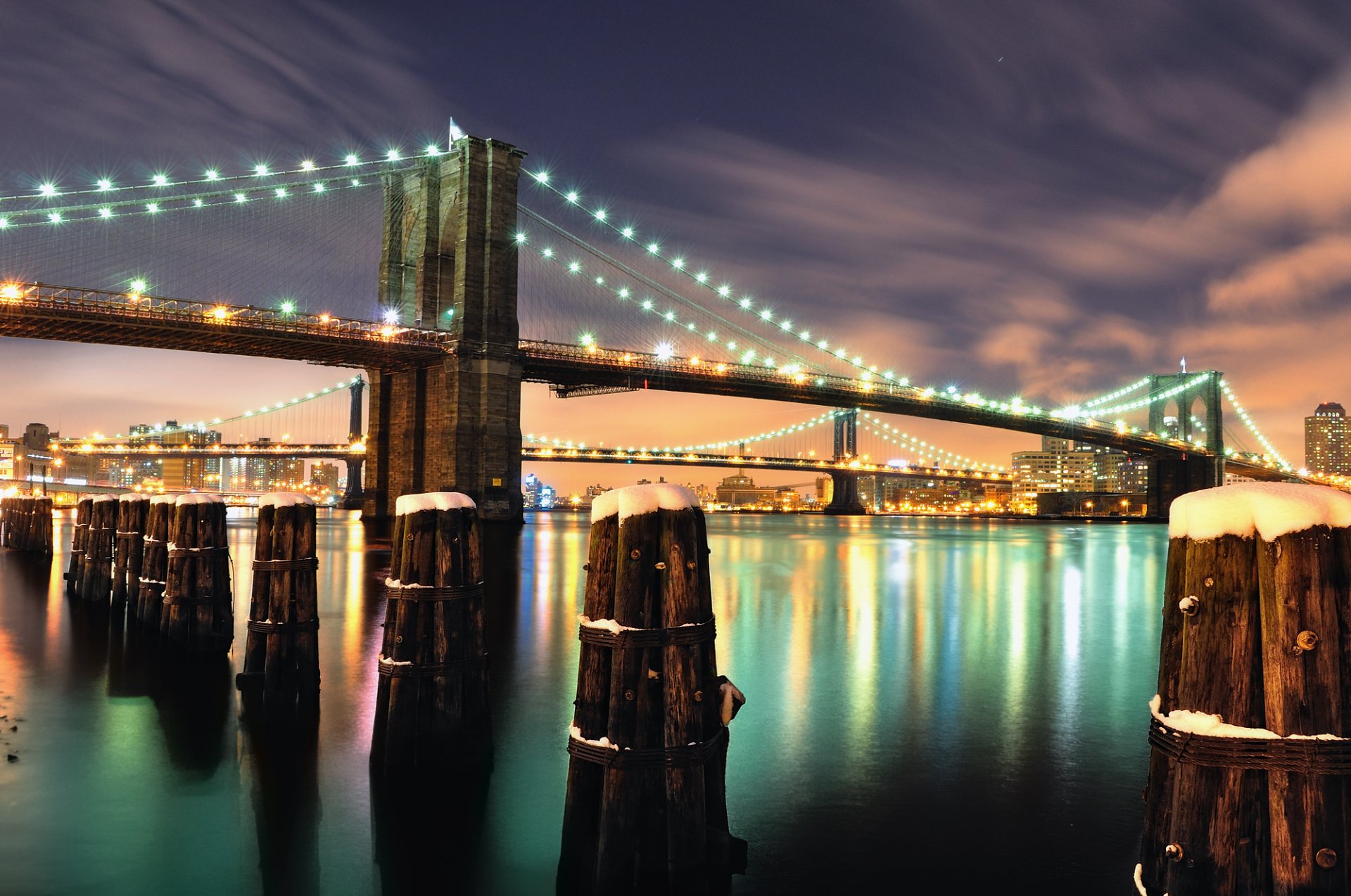 après neige brooklyn pont nuit new york lumières