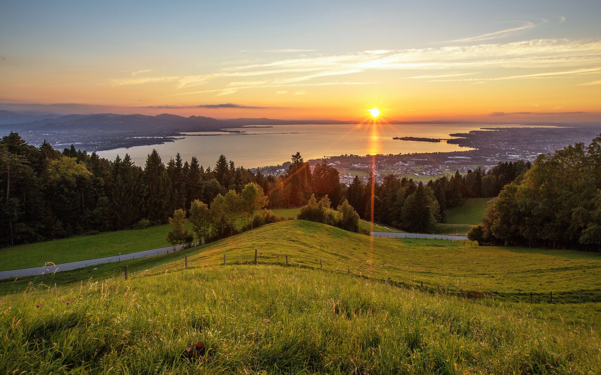 the sun landscape grass the sky road green