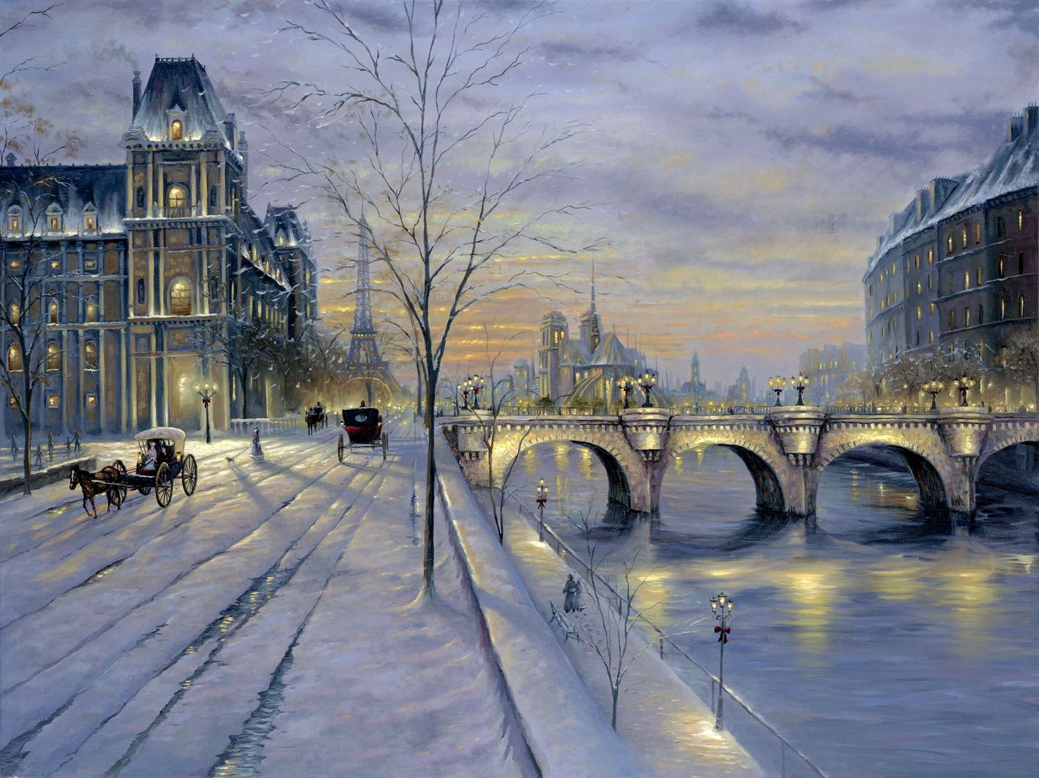 coucher de soleil hiver paris rue neige peinture finale