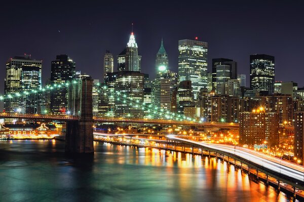 Luces del puente de la noche de nueva York