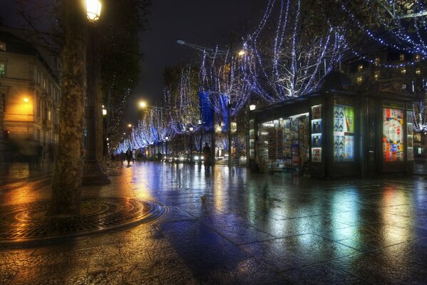 Città notturna con asfalto bagnato dopo la pioggia che riflette le luci di vetrine, Finestre e lanterne