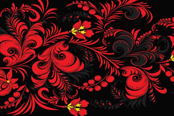 Red Khokhloma painting on a black background