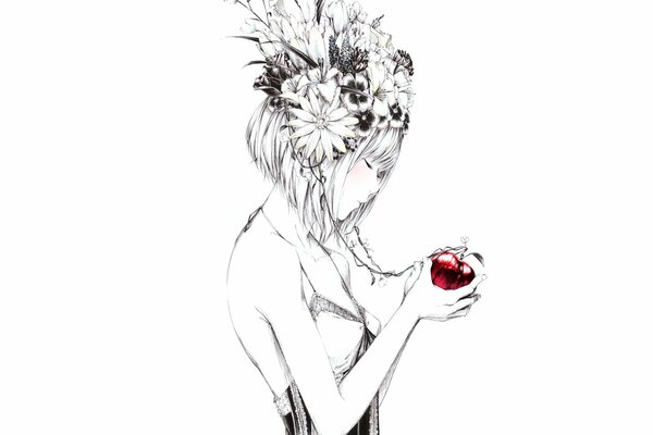 Art de la jeune fille avec une pomme. Décoration de fleurs