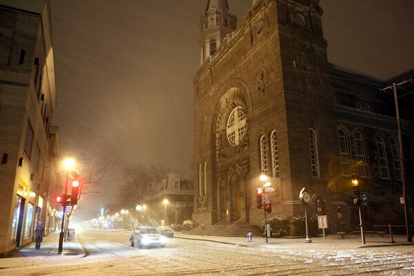 Winter night street lantern