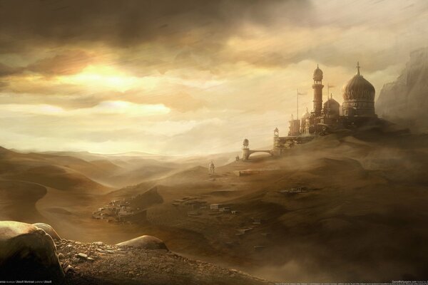 A city in the desert in a cloud of dust