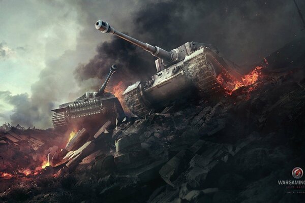 Dwa czołgi jeżdżą po ruinach