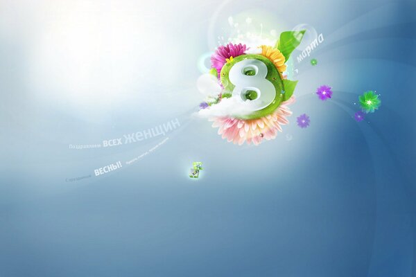 Congratulations for all women in the form of the number eight surrounded by flowers on a blue background