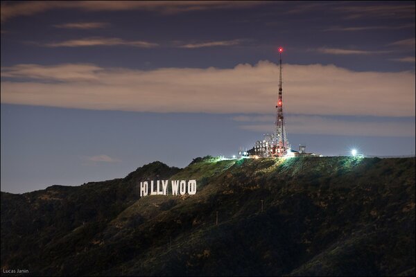 The Hollywood sign that is visible at night