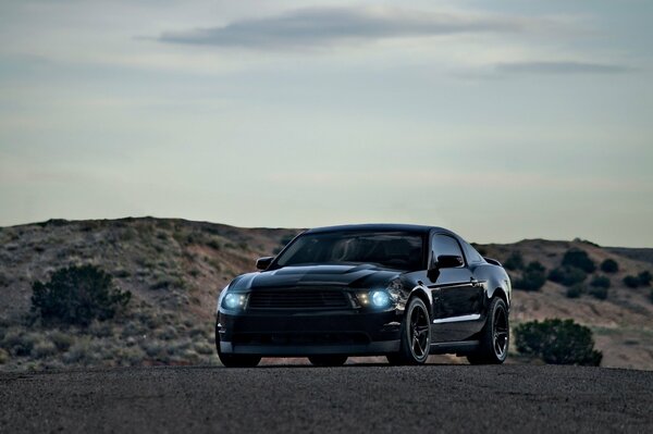 Schwarzer Ford Mustang im Morgengrauen