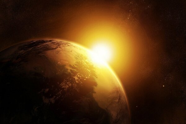 Wschód słońca nad planetą Ziemia w kosmosie