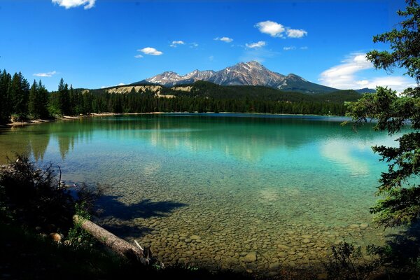 Transparenter See und blauer Himmel