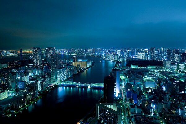 Japanese night bridge over the river