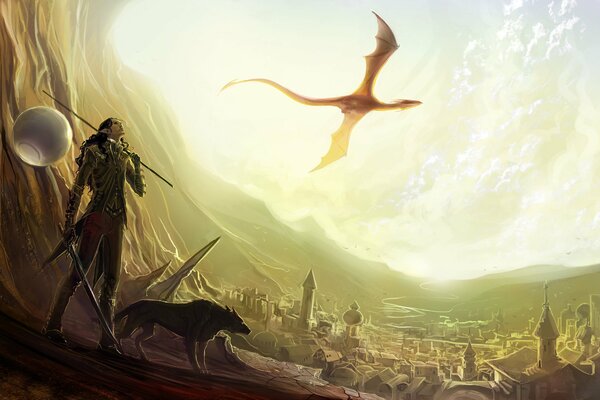 Image de style art avec elfe et dragon volant