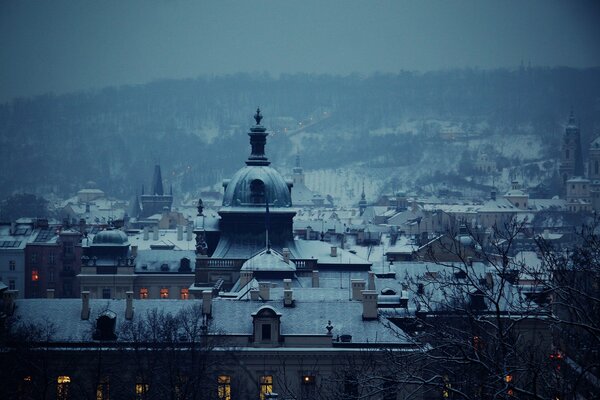 Blue winter of the city in the evening