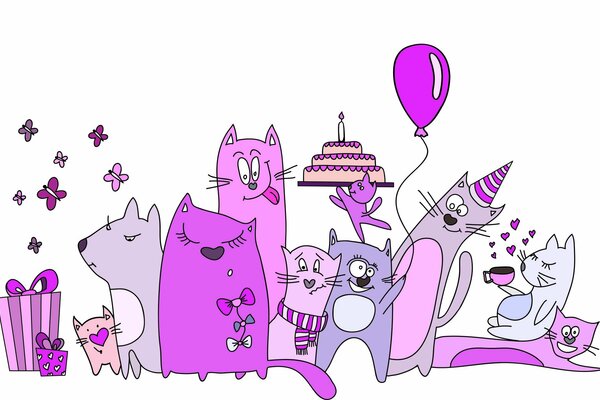 Фиолетовые праздничные коты. День рождения
