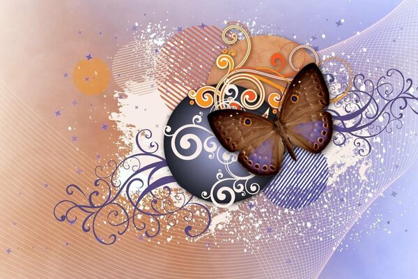 Abstraction and a butterfly on a brown background