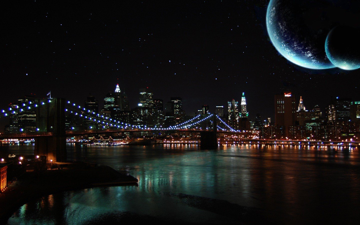 nuit ciel lune rivière pont