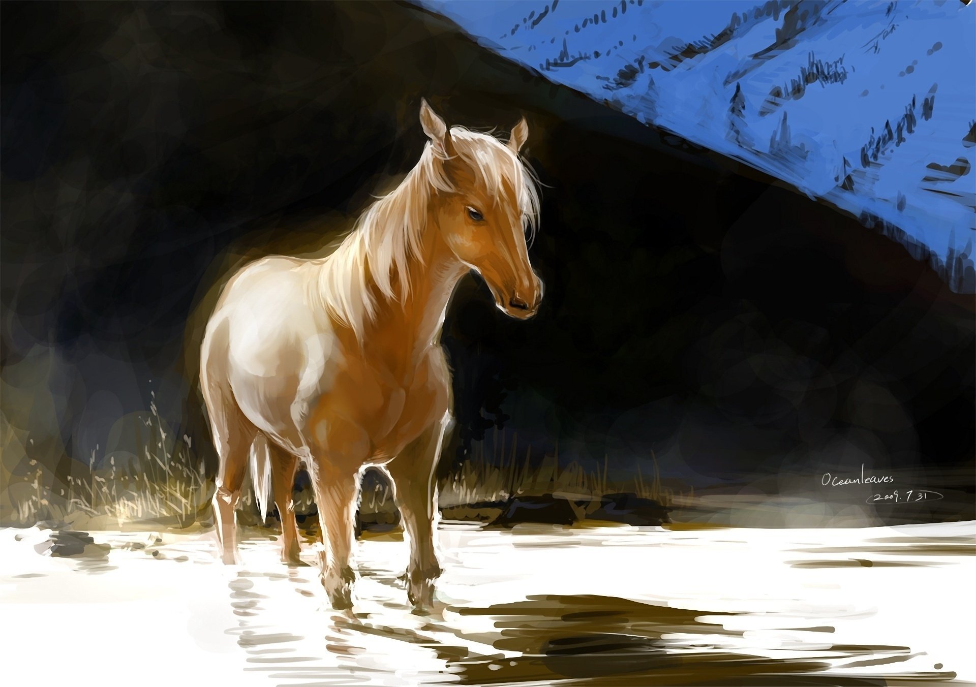 red ocean water art horse horse pixiv light hill