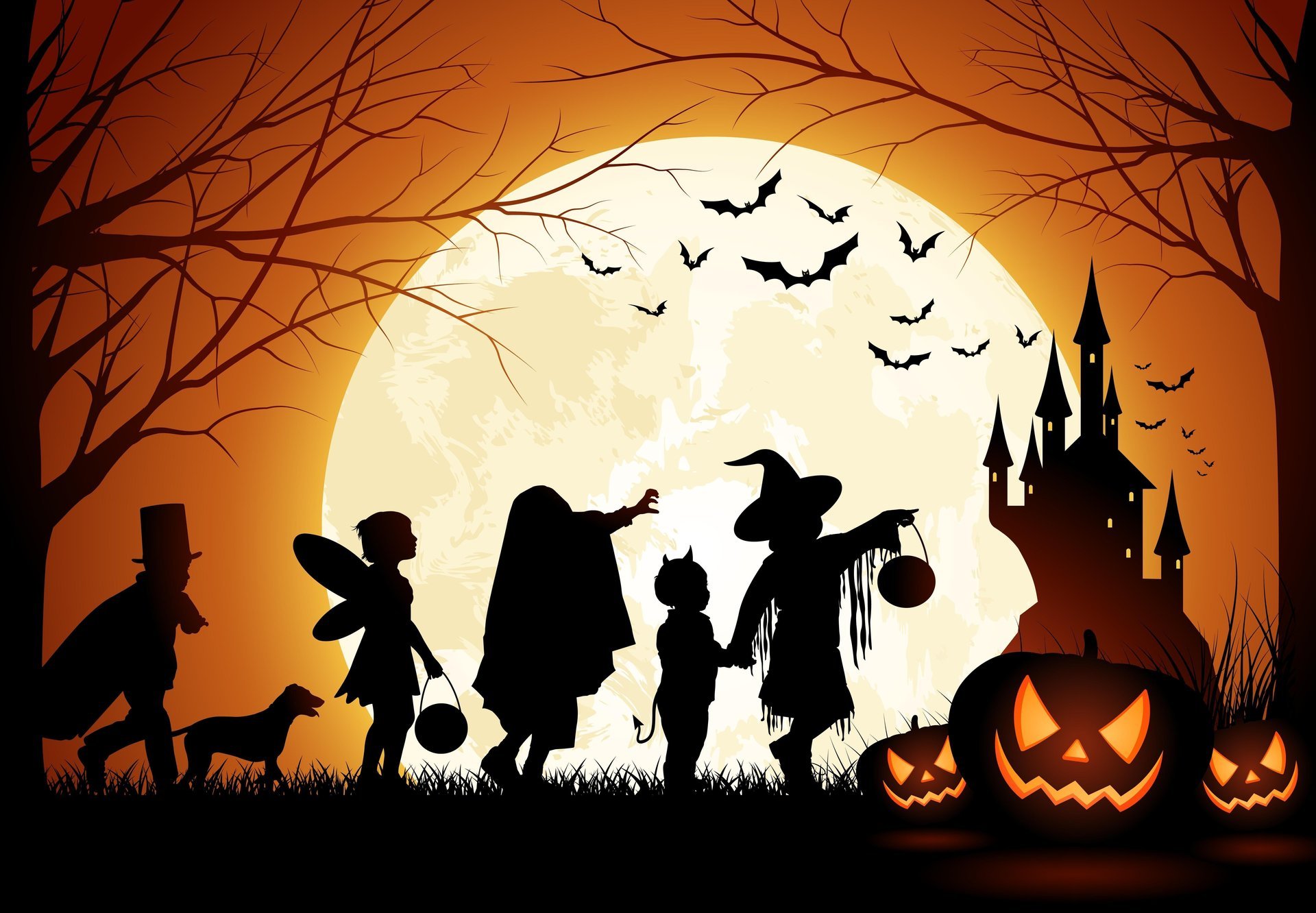 men and dogs castle trees pumpkin halloween the moon bat