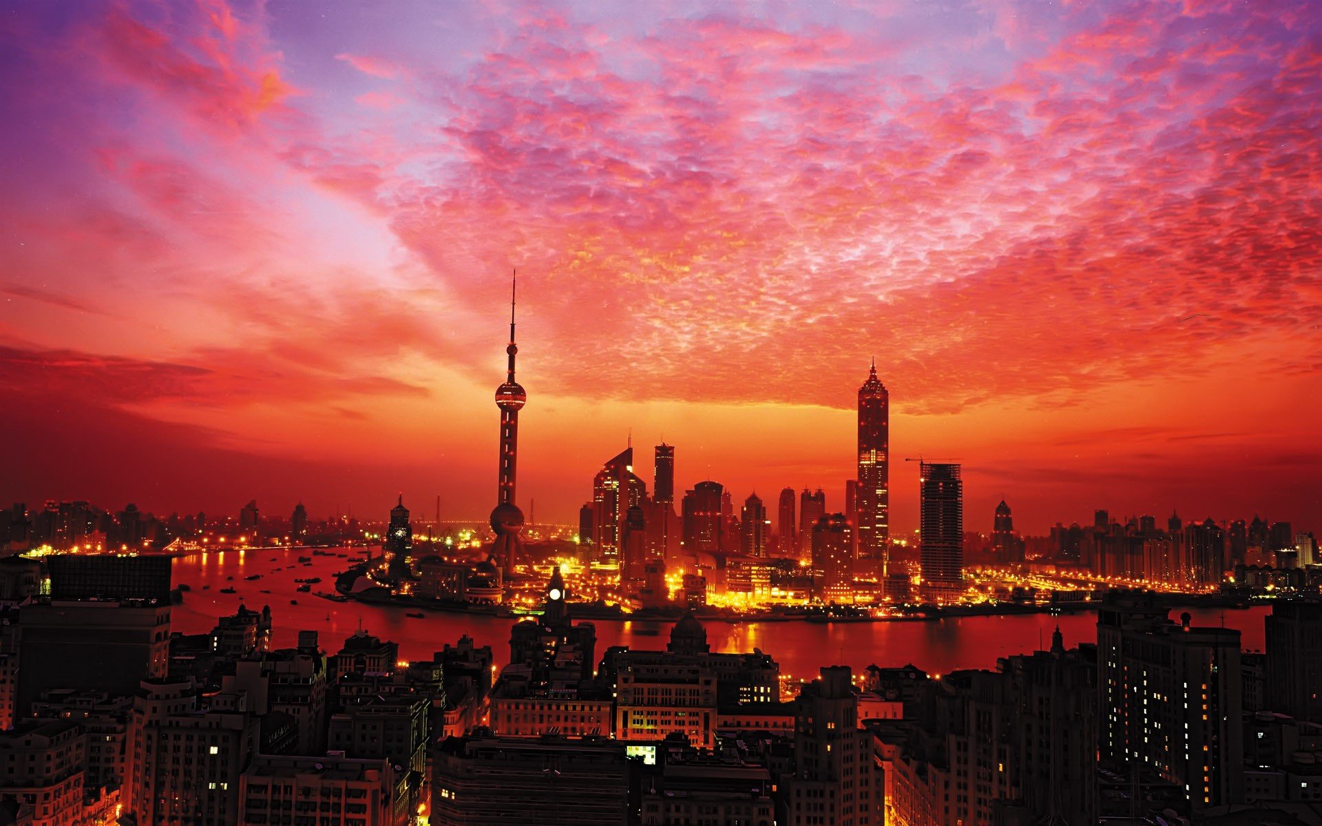 grattacieli shanghai torre tramonto luci