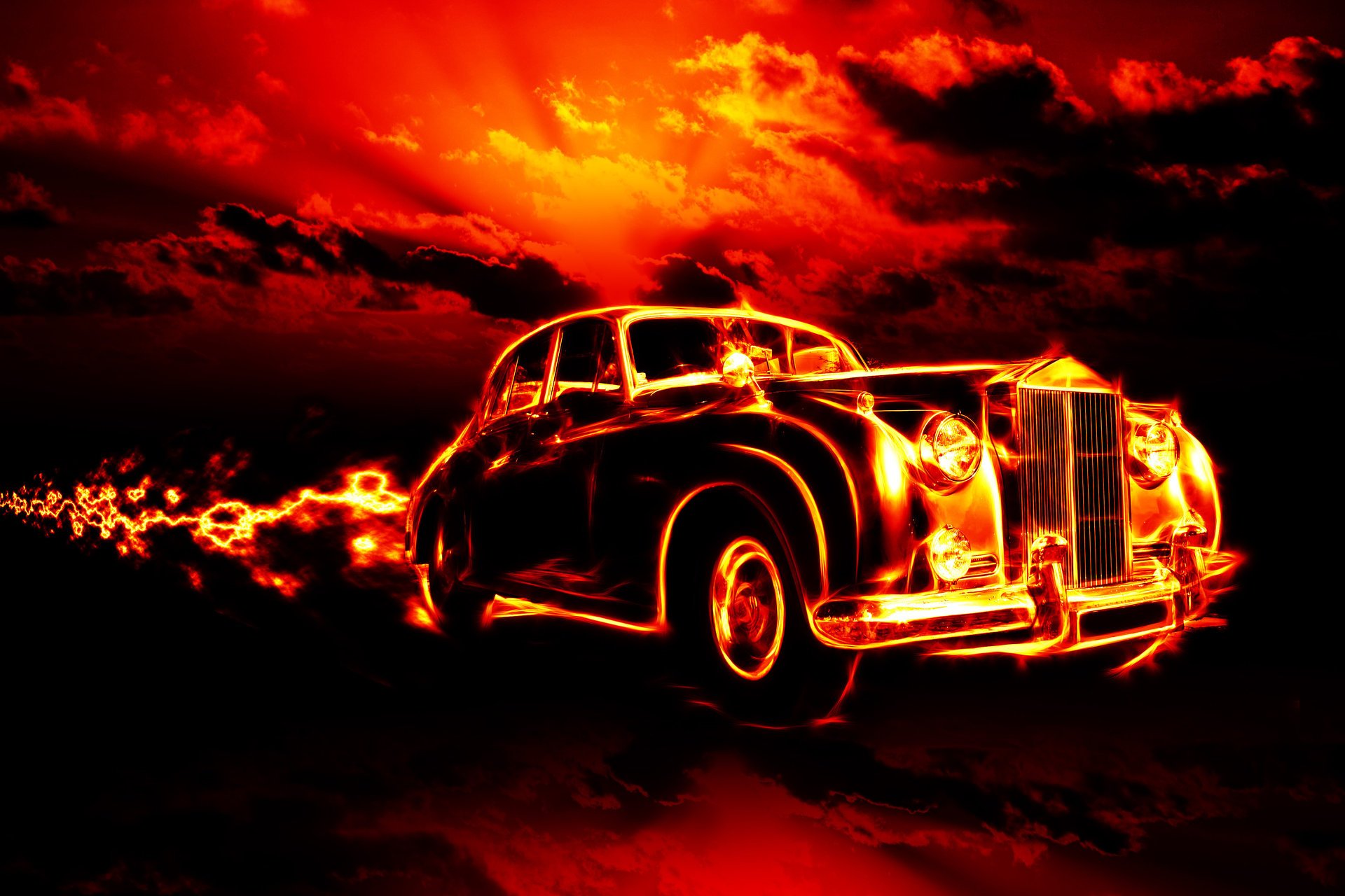 fire red sky ghost flame the city smoke clouds classic creepy car hell horror