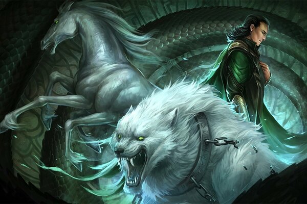 A man with a white wolf and a horse